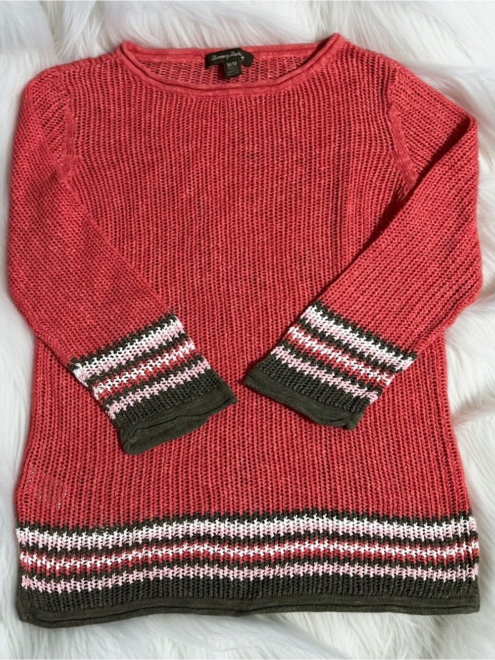Tommy Bahama Coral Crewneck Sweater with Olive and Pink Stripe Accents
